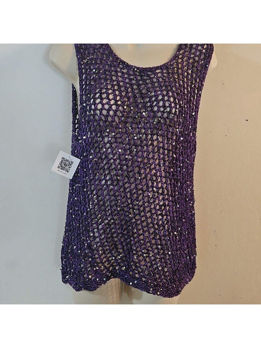Handmade Crochet Cover-Up Sparkle Mesh Resort Top One Size 20" Asymmetrical Hem - Picture 15 of 15